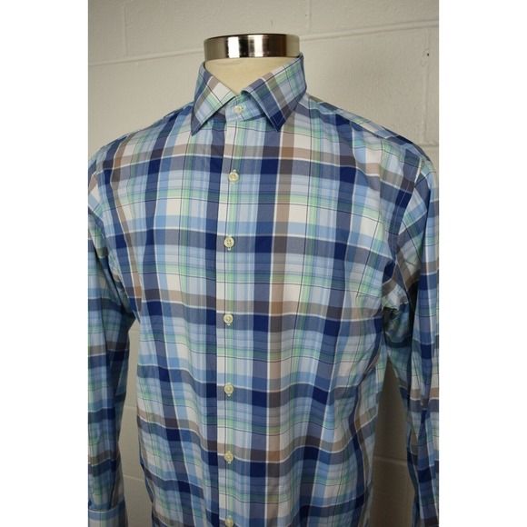 Peter Millar Crown Sport Mens Button Front Blue Plaid Shirt‎ Large - Picture 2 of 8